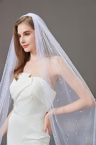 Pearl Wedding Veil for Brides, 1 Tier Veils for Women Wedding, Bridal Veil with Metal Comb 230cm/91in in Kuwait