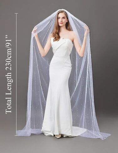 Pearl Wedding Veil for Brides, 1 Tier Veils for Women Wedding, Bridal Veil with Metal Comb 230cm/91in in Kuwait