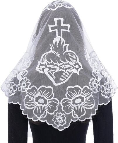 Bozidol Catholic Veils for Church Women: Triangle Sacred Heart Camellia Embroidery Mantilla Veil, Religious Veil Mass Chapel in Saudi Arabia