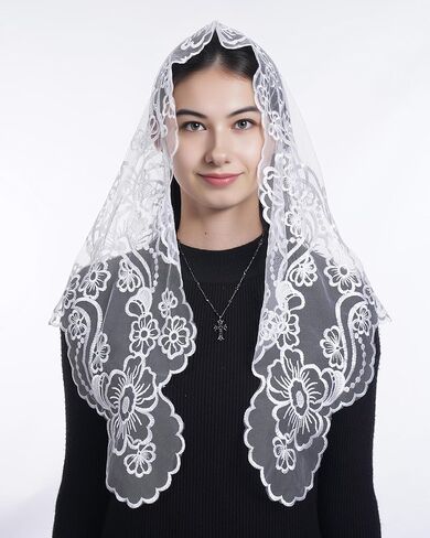 Bozidol Catholic Veils for Church Women: Triangle Sacred Heart Camellia Embroidery Mantilla Veil, Religious Veil Mass Chapel in Saudi Arabia