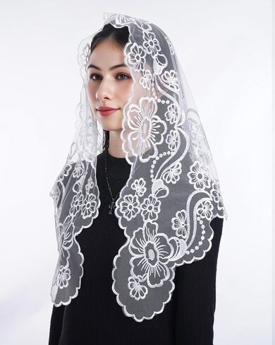 Bozidol Catholic Veils for Church Women: Triangle Sacred Heart Camellia Embroidery Mantilla Veil, Religious Veil Mass Chapel in Saudi Arabia
