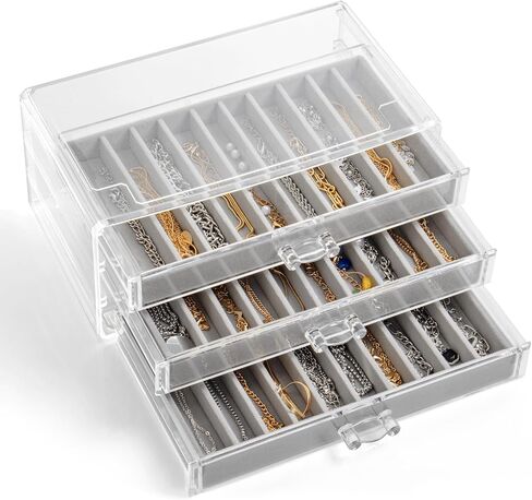 Necklace Organizer Box, Dustproof Bracelet Necklace Holder Organizer Clear Stackable Jewelry Box Velvet Jewelry Displays for Chains Bracelets Pendants (Beige, 3 Drawers) in Saudi Arabia