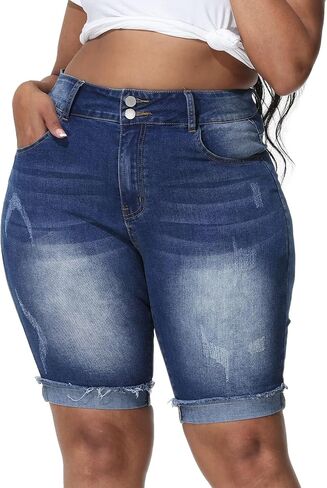Womens Plus Size Jean Shorts Stretchy High Waisted Ripped Roll Hem Denim Bermuda Shorts 10" Inseam in Kuwait