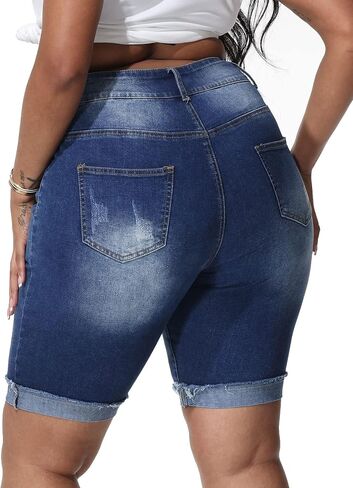Womens Plus Size Jean Shorts Stretchy High Waisted Ripped Roll Hem Denim Bermuda Shorts 10" Inseam in Kuwait