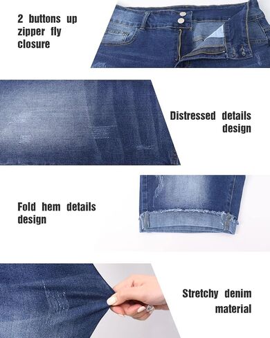Womens Plus Size Jean Shorts Stretchy High Waisted Ripped Roll Hem Denim Bermuda Shorts 10" Inseam in Kuwait