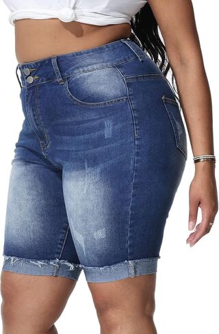 Womens Plus Size Jean Shorts Stretchy High Waisted Ripped Roll Hem Denim Bermuda Shorts 10" Inseam in Kuwait