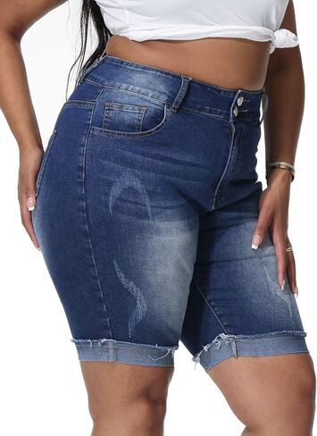 Womens Plus Size Jean Shorts Stretchy High Waisted Ripped Roll Hem Denim Bermuda Shorts 10" Inseam in Kuwait