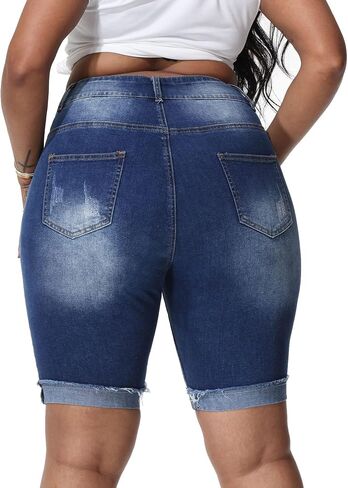 Womens Plus Size Jean Shorts Stretchy High Waisted Ripped Roll Hem Denim Bermuda Shorts 10" Inseam in Kuwait