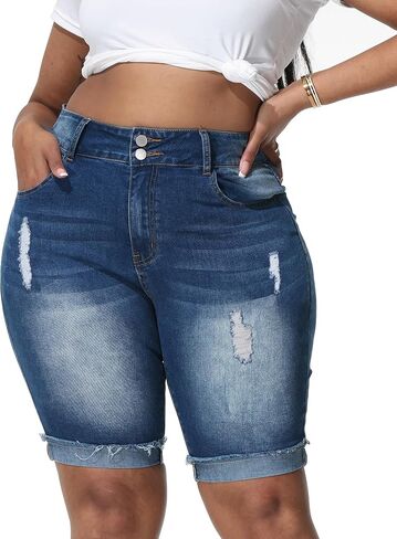 Womens Plus Size Jean Shorts Stretchy High Waisted Ripped Roll Hem Denim Bermuda Shorts 10" Inseam in Kuwait