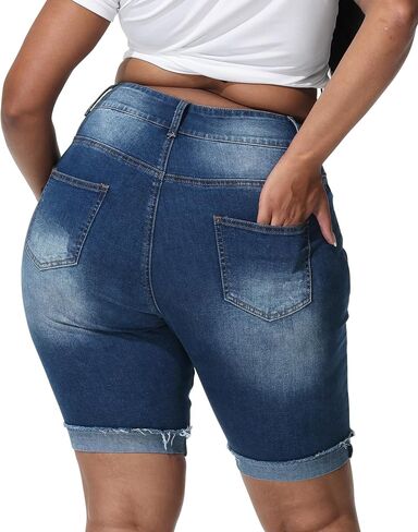 Womens Plus Size Jean Shorts Stretchy High Waisted Ripped Roll Hem Denim Bermuda Shorts 10" Inseam in Kuwait