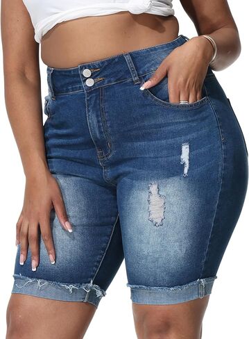 Womens Plus Size Jean Shorts Stretchy High Waisted Ripped Roll Hem Denim Bermuda Shorts 10" Inseam in Kuwait