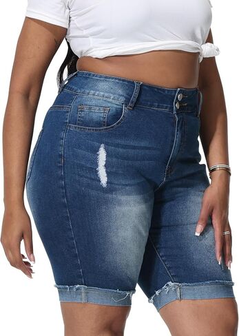 Womens Plus Size Jean Shorts Stretchy High Waisted Ripped Roll Hem Denim Bermuda Shorts 10" Inseam in Kuwait