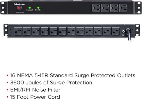 CyberPower RKBS15S2F8R Rackbar Surge Protector | 120V/15A, 10 Outlets, 15 Foot Power Cord, 1U Rackmount, UL Listed in Kuwait