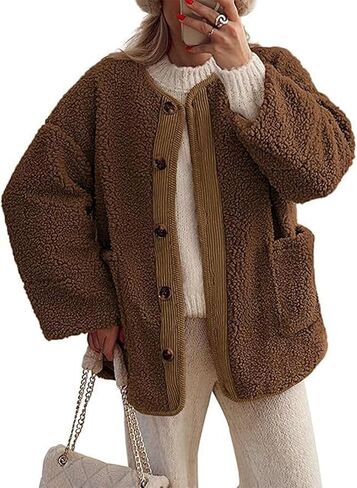 Women's Fuzzy Fleece Jackets Long Sleeve Button Down Fuzzy Sherpa Outerwear with Pockets in Saudi Arabia