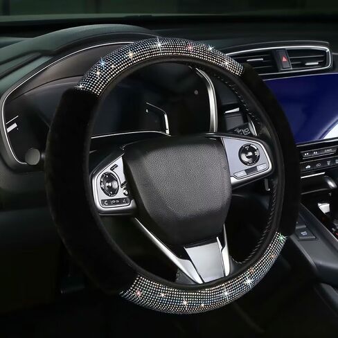 Bling Steering Wheel Cover Black Steering Wheel Accessories, Fluffy Diamond Sparkling Fur Steering Wheel Protector for Women Girls Elastic Steering Wheel Covers Winter Warm Universal Fit 14-15 inch in Saudi Arabia