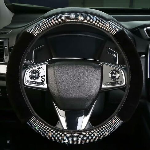 Bling Steering Wheel Cover Black Steering Wheel Accessories, Fluffy Diamond Sparkling Fur Steering Wheel Protector for Women Girls Elastic Steering Wheel Covers Winter Warm Universal Fit 14-15 inch in Saudi Arabia
