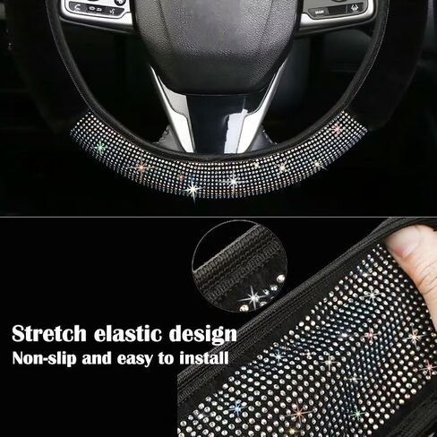 Bling Steering Wheel Cover Black Steering Wheel Accessories, Fluffy Diamond Sparkling Fur Steering Wheel Protector for Women Girls Elastic Steering Wheel Covers Winter Warm Universal Fit 14-15 inch in Saudi Arabia
