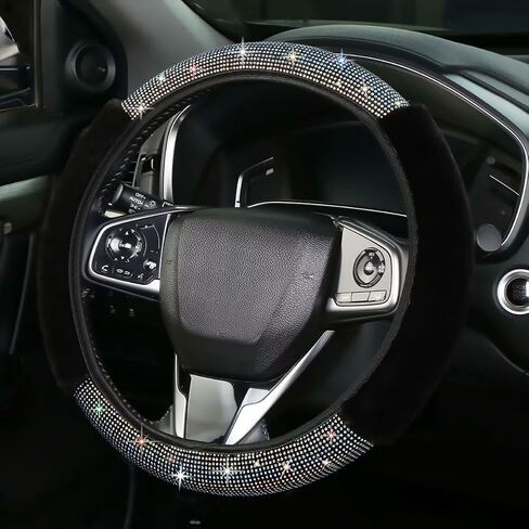 Bling Steering Wheel Cover Black Steering Wheel Accessories, Fluffy Diamond Sparkling Fur Steering Wheel Protector for Women Girls Elastic Steering Wheel Covers Winter Warm Universal Fit 14-15 inch in Saudi Arabia