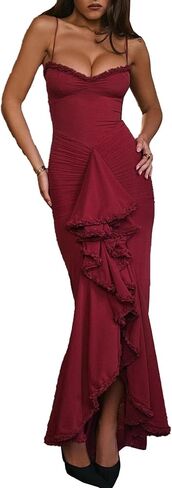 Unybwonn Women Cocktail Maxi Dress Sleeveless Ruched Ruffle Hem Mesh Dresses High Low Split Spaghetti Strap Sundress in Saudi Arabia