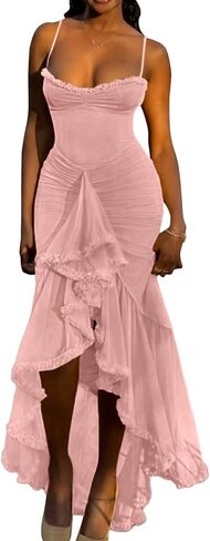 Unybwonn Women Cocktail Maxi Dress Sleeveless Ruched Ruffle Hem Mesh Dresses High Low Split Spaghetti Strap Sundress in Saudi Arabia