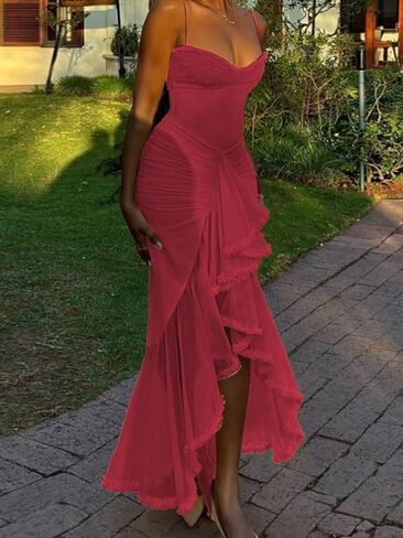 Unybwonn Women Cocktail Maxi Dress Sleeveless Ruched Ruffle Hem Mesh Dresses High Low Split Spaghetti Strap Sundress in Saudi Arabia