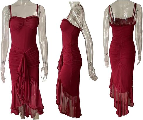 Unybwonn Women Cocktail Maxi Dress Sleeveless Ruched Ruffle Hem Mesh Dresses High Low Split Spaghetti Strap Sundress in Saudi Arabia