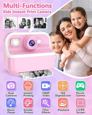 Kids Camera Instant Print, Christmas Birthday Gifts for Girls Boys Age 3-12, 1080P Toddler Camera Printing Photos, Portable Girls Toy for 4 5 6 7 8 9 10 Year Old with 32GB SD Card-Pink in Kuwait