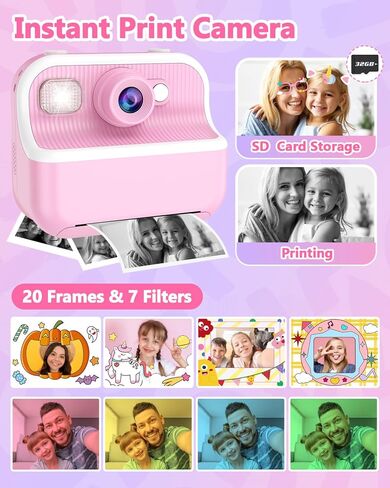 Kids Camera Instant Print, Christmas Birthday Gifts for Girls Boys Age 3-12, 1080P Toddler Camera Printing Photos, Portable Girls Toy for 4 5 6 7 8 9 10 Year Old with 32GB SD Card-Pink in Kuwait