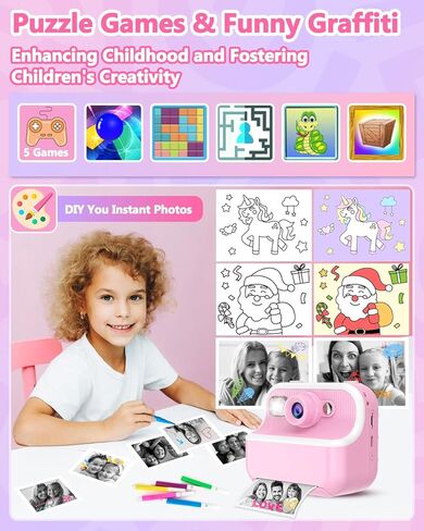 Kids Camera Instant Print, Christmas Birthday Gifts for Girls Boys Age 3-12, 1080P Toddler Camera Printing Photos, Portable Girls Toy for 4 5 6 7 8 9 10 Year Old with 32GB SD Card-Pink in Kuwait