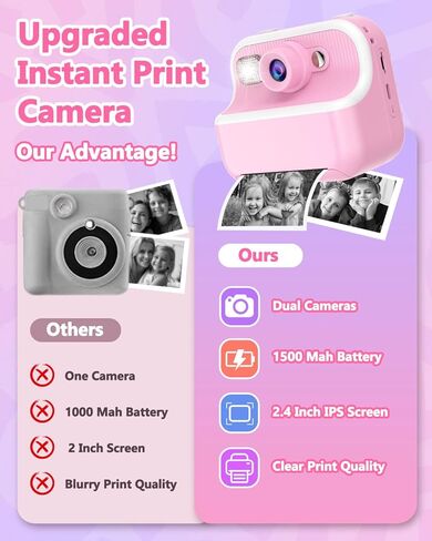 Kids Camera Instant Print, Christmas Birthday Gifts for Girls Boys Age 3-12, 1080P Toddler Camera Printing Photos, Portable Girls Toy for 4 5 6 7 8 9 10 Year Old with 32GB SD Card-Pink in Kuwait