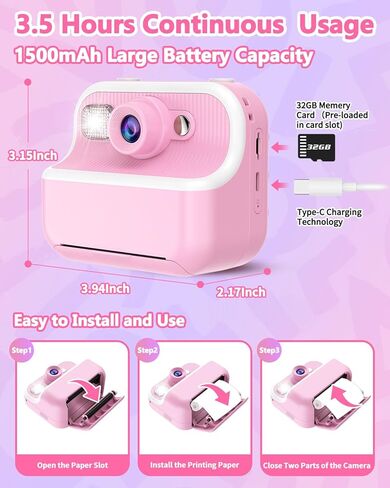 Kids Camera Instant Print, Christmas Birthday Gifts for Girls Boys Age 3-12, 1080P Toddler Camera Printing Photos, Portable Girls Toy for 4 5 6 7 8 9 10 Year Old with 32GB SD Card-Pink in Kuwait