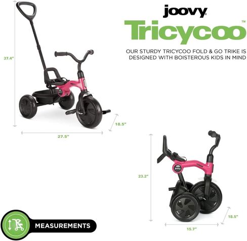 Joovy Tricycoo Fold & Go Toddler Tricycle Featuring Removable, Adjustable Push Handle, Lockable Front Pedals, Height-Adjustable Seat, 3-Point Safety Harness, and Rear Storage Box (Pink Crush) Large in Kuwait
