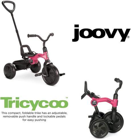 Joovy Tricycoo Fold & Go Toddler Tricycle Featuring Removable, Adjustable Push Handle, Lockable Front Pedals, Height-Adjustable Seat, 3-Point Safety Harness, and Rear Storage Box (Pink Crush) Large in Kuwait