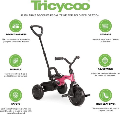 Joovy Tricycoo Fold & Go Toddler Tricycle Featuring Removable, Adjustable Push Handle, Lockable Front Pedals, Height-Adjustable Seat, 3-Point Safety Harness, and Rear Storage Box (Pink Crush) Large in Kuwait