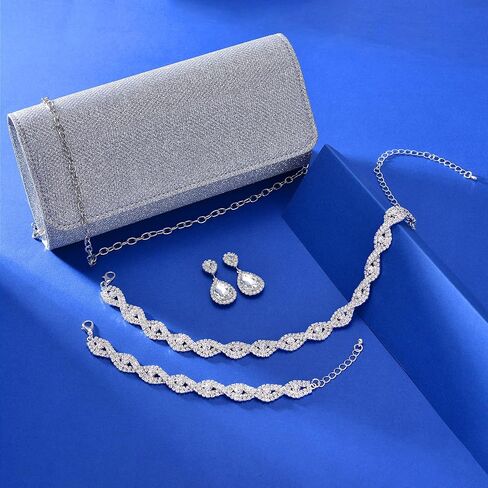 4 قطع القابض الفضي محافظ راينستون قلادة قلادة القلادة دمعة تدمير أقراط رابط تنس المجوهر in Kuwait