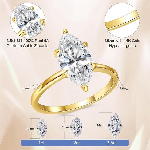 3.5CT Marquise Cut Engagement Ring for Women, Wedding Promise Cubic Zirconia Band, 14K Gold/White Gold Plated Simulated Diamond Rings Size 5-9 in Saudi Arabia