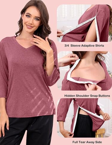 Post Shoulder Surgery Shirts for WomenTear Away 3/4 Sleeve Full Open Side Snap Dialysis Chemo Adaptive Clothing in Saudi Arabia