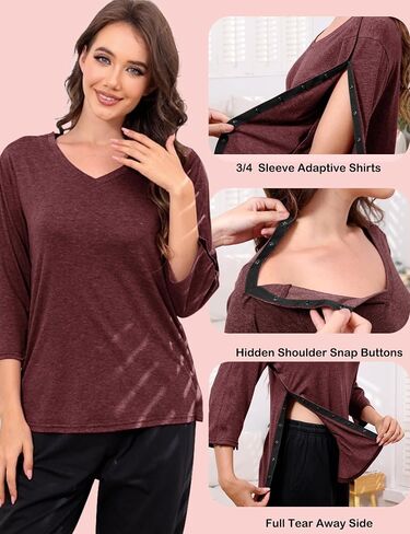 Post Shoulder Surgery Shirts for WomenTear Away 3/4 Sleeve Full Open Side Snap Dialysis Chemo Adaptive Clothing in Saudi Arabia