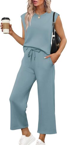 SAMPEEL Two Piece Sets for Women Casual Travel Vacation Outfits Summer Wide Leg Crop Pants Lounge Sets in Saudi Arabia