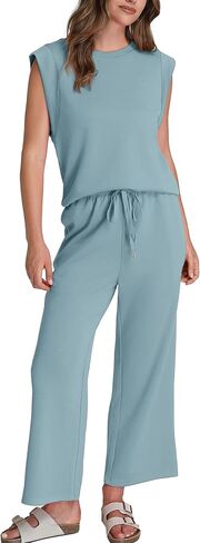 SAMPEEL Two Piece Sets for Women Casual Travel Vacation Outfits Summer Wide Leg Crop Pants Lounge Sets in Saudi Arabia