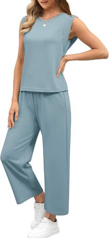 SAMPEEL Two Piece Sets for Women Casual Travel Vacation Outfits Summer Wide Leg Crop Pants Lounge Sets in Saudi Arabia