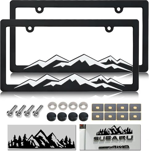 Mountain License Plate Frames - Plastic Car Tag Holders with Raised Mountain Design, Gray on Black, 2 Pack 2 Hole with Screws & Caps, Mountain Vinyl Sticker Included in Kuwait