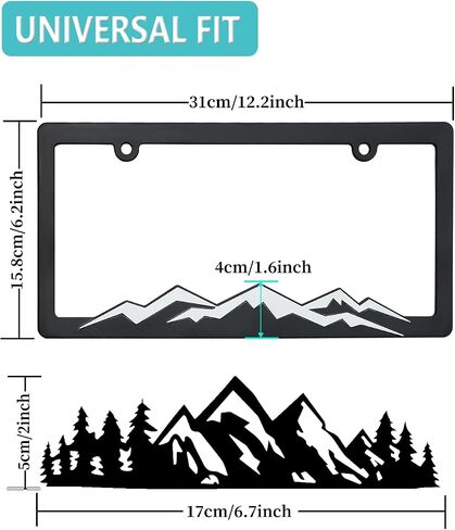 Mountain License Plate Frames - Plastic Car Tag Holders with Raised Mountain Design, Gray on Black, 2 Pack 2 Hole with Screws & Caps, Mountain Vinyl Sticker Included in Kuwait