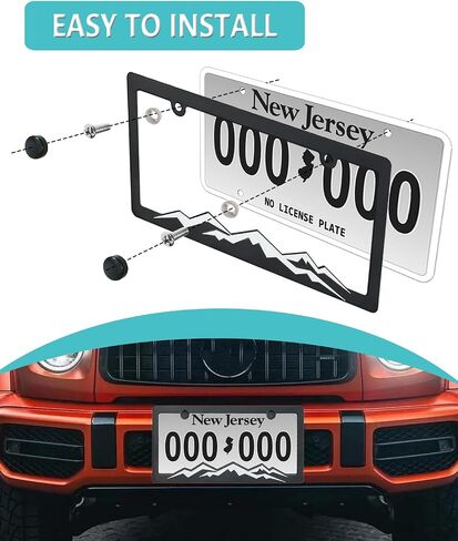 Mountain License Plate Frames - Plastic Car Tag Holders with Raised Mountain Design, Gray on Black, 2 Pack 2 Hole with Screws & Caps, Mountain Vinyl Sticker Included in Kuwait