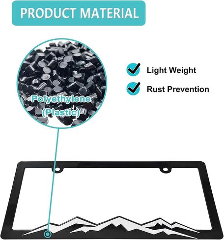 Mountain License Plate Frames - Plastic Car Tag Holders with Raised Mountain Design, Gray on Black, 2 Pack 2 Hole with Screws & Caps, Mountain Vinyl Sticker Included in Kuwait