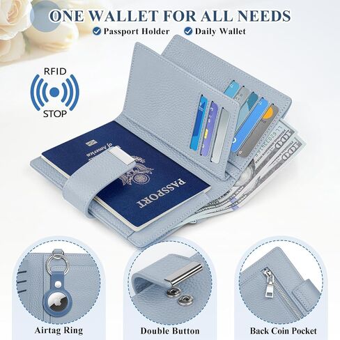 BKNOOU RFID Blocking Passport Holder with Airtag - Leather Travel Passport Wallet for Women & Men, Slim Bifold Travel passport holder Holds Cards & Tickets & Cash (Blue) in Saudi Arabia