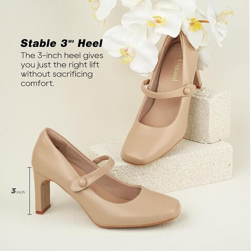 Womens Mary Janes Chunky Heels Square Toe Pumps in Saudi Arabia