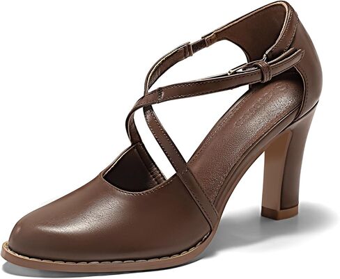 Coutgo Womens Chunky High Heels Dress Shoes Closed Pointed Toe Cross Strap Buckle Pumps Vintage D'Orsay Party Shoes in Saudi Arabia