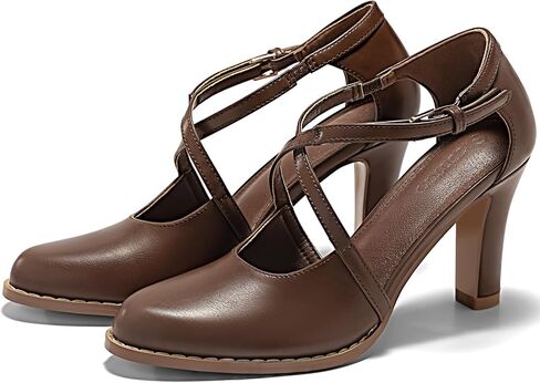 Coutgo Womens Chunky High Heels Dress Shoes Closed Pointed Toe Cross Strap Buckle Pumps Vintage D'Orsay Party Shoes in Saudi Arabia
