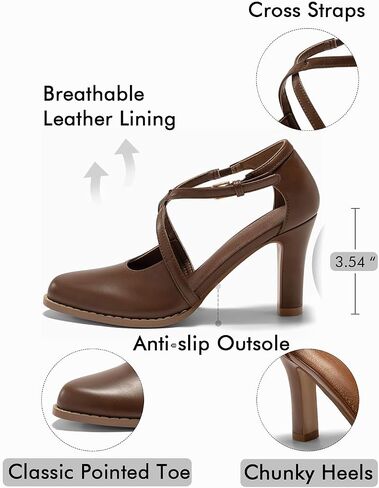 Coutgo Womens Chunky High Heels Dress Shoes Closed Pointed Toe Cross Strap Buckle Pumps Vintage D'Orsay Party Shoes in Saudi Arabia